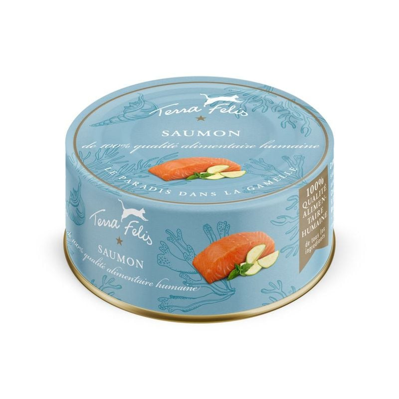 Pâtée Terra Felis 1115900 au saumon pour chat en boîte bleue 80g, vue avant montrant 100% saumon qua