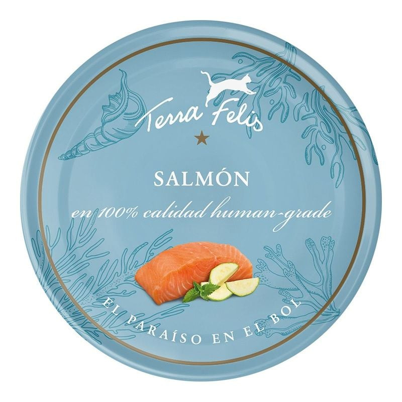 Vue de dessus du couvercle de boîte Terra Felis 1115900 saumon bleu, avec nom marque, illustration s