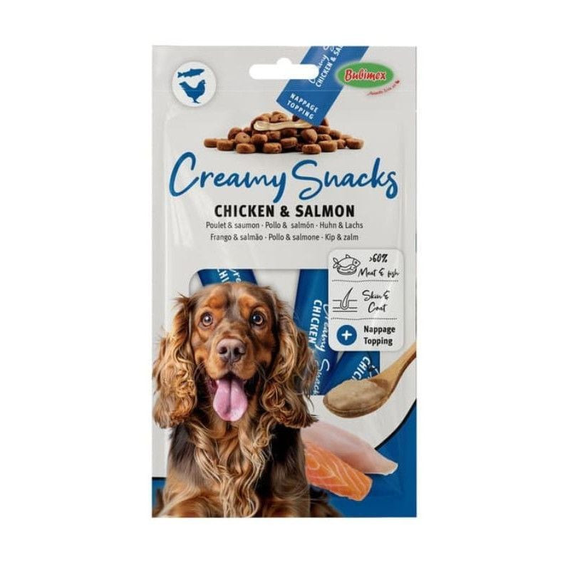 Bubimex friandises crémeuses poulet et saumon pour chiens, packshot 4 tubes (60g), épagneul joyeux l
