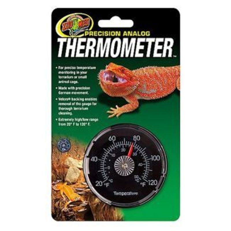 Vue avant de l'emballage blister du thermomètre analogique précis Zoo Med TH-20 sur carte verte avec