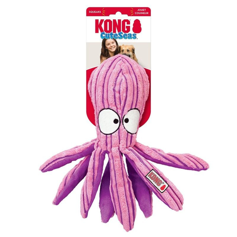 Jouet chien KONG Cuteseas Octopus taille S en velours côtelé rose sur carte d'emballage, pieuvre com