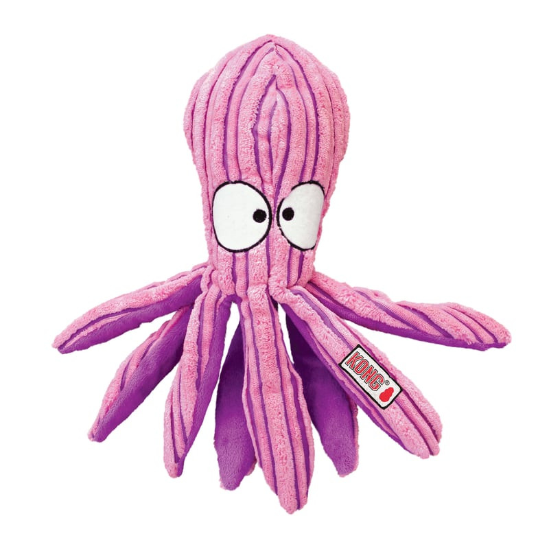 Gros plan sur le jouet chien KONG Cuteseas Octopus en peluche rose à rayures, avec grands yeux globu