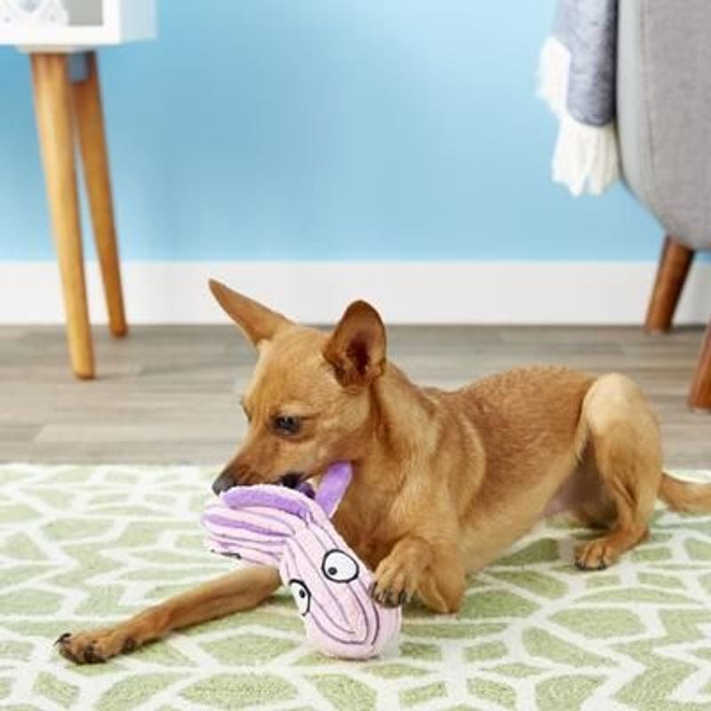 Petit chien marron jouant avec le jouet peluche KONG Cuteseas Octopus rose taille S sur un tapis dan