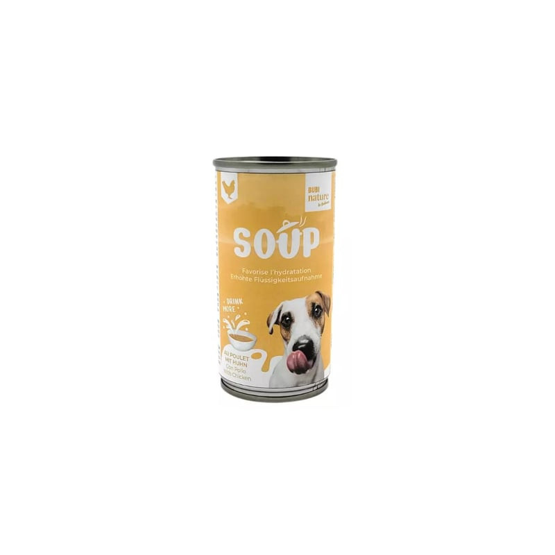 Bubimex Bubinature soupe pour chien au poulet en boîte 185g avec étiquette jaune montrant un chien h