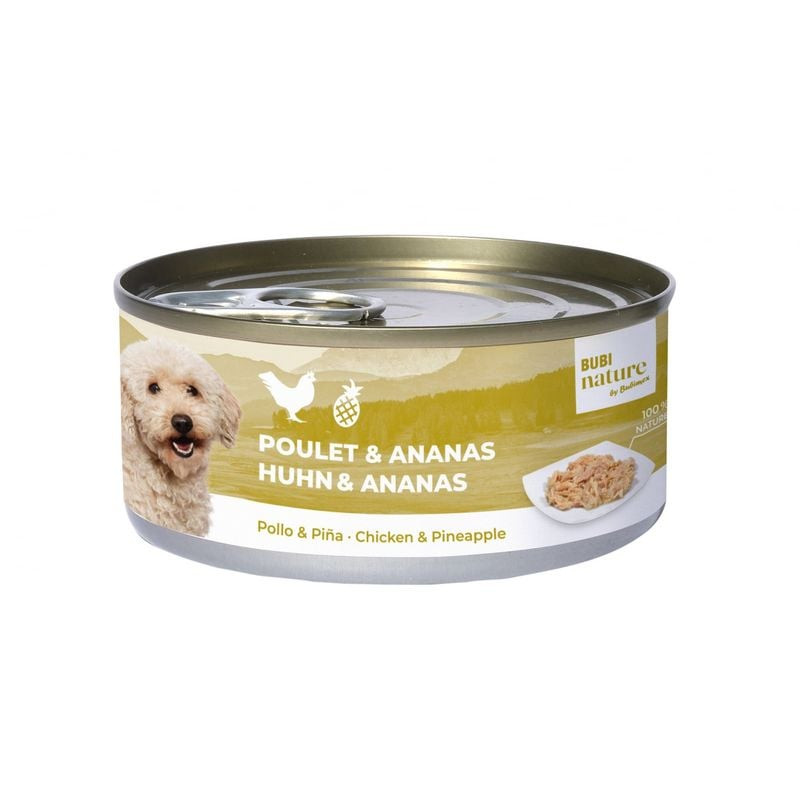 BUBIMEX Bubinature 1143604 pâtée poulet ananas pour chien en boîte 150g ouverte, étiquette avec bich