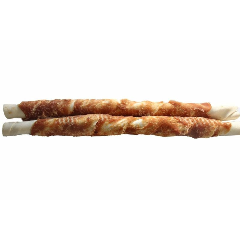Gros plan sur deux bâtonnets Bubimex 1143482 au poulet de 26 cm, surface torsadée brune détaillée et
