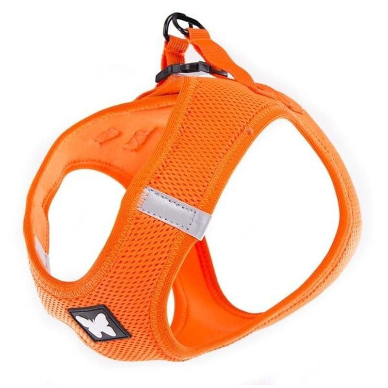 Vue en angle du harnais mesh Martin Sellier XL orange par en dessous, montrant étiquette XL, logo pa