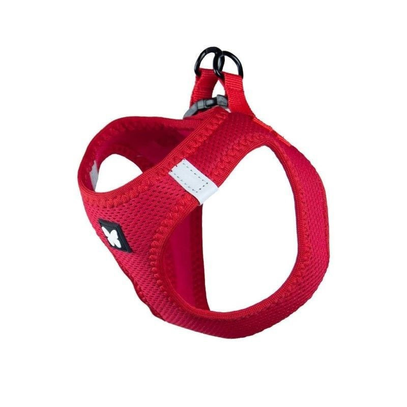 Gros plan sur le détail du bord du harnais mesh Martin Sellier rouge XL pour chien, mettant en valeu