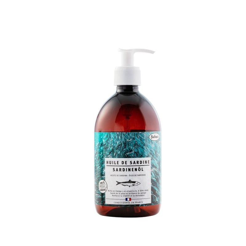 Bubimex 1143424 huile de sardine 500 ml pour chiens et chats, flacon verre ambré avec pompe, étiquet
