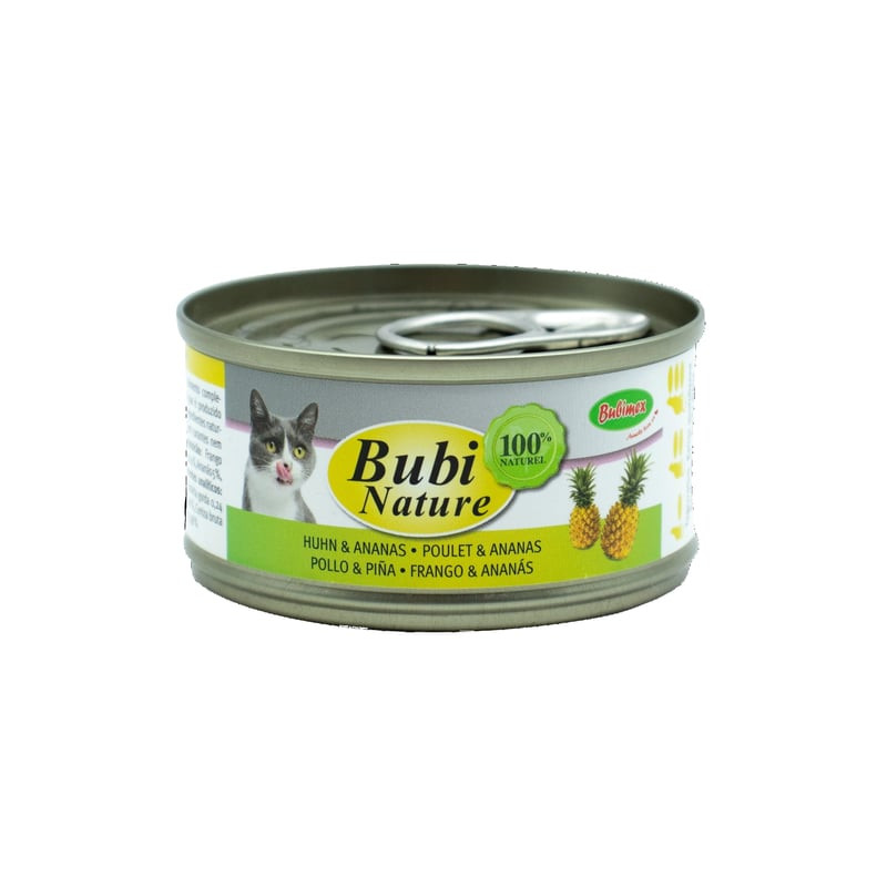 Gros plan sur boîte ouverte Bubinature Poulet et Ananas pour chat BUBIMEX, étiquette détaillée avec 