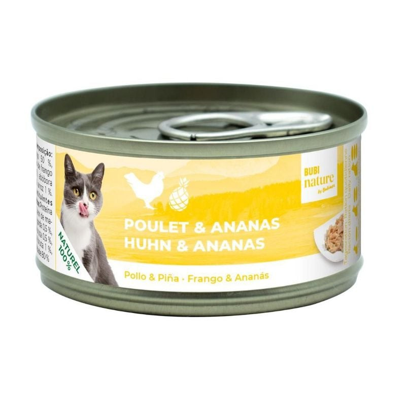 Boîte de pâtée Bubinature poulet et ananas pour chat, avec chat gris léchant ses babines, icônes pou