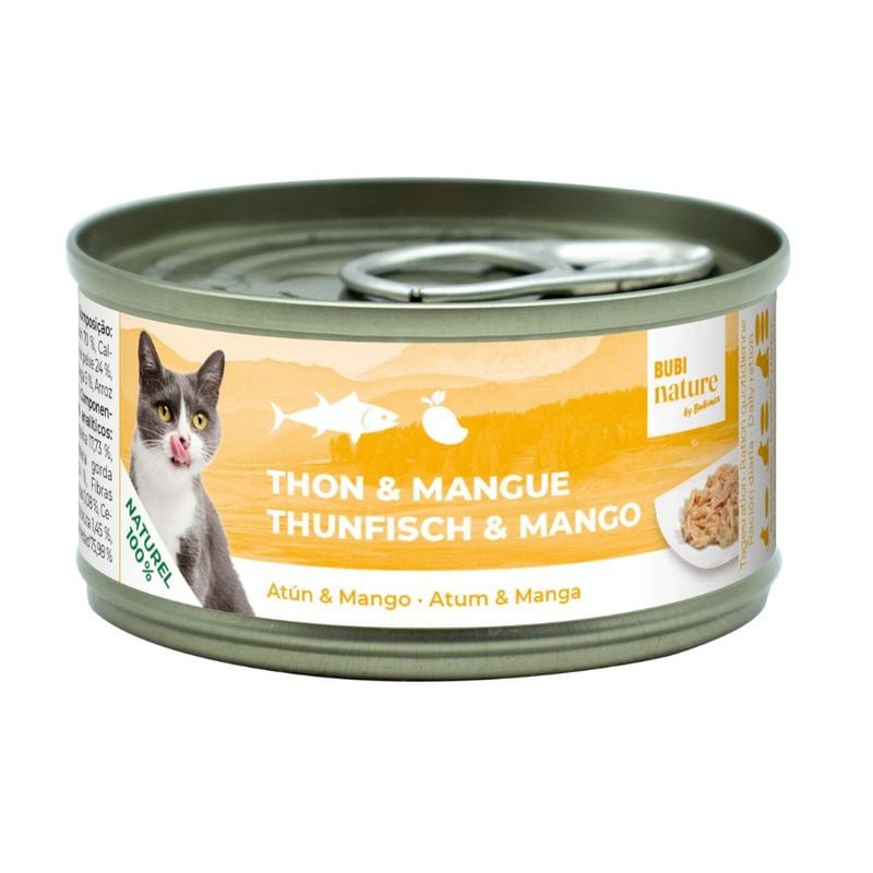 Boîte de pâtée Bubimex Bubi Nature thon et mangue montrant chat gris et blanc léchant sa langue, gra