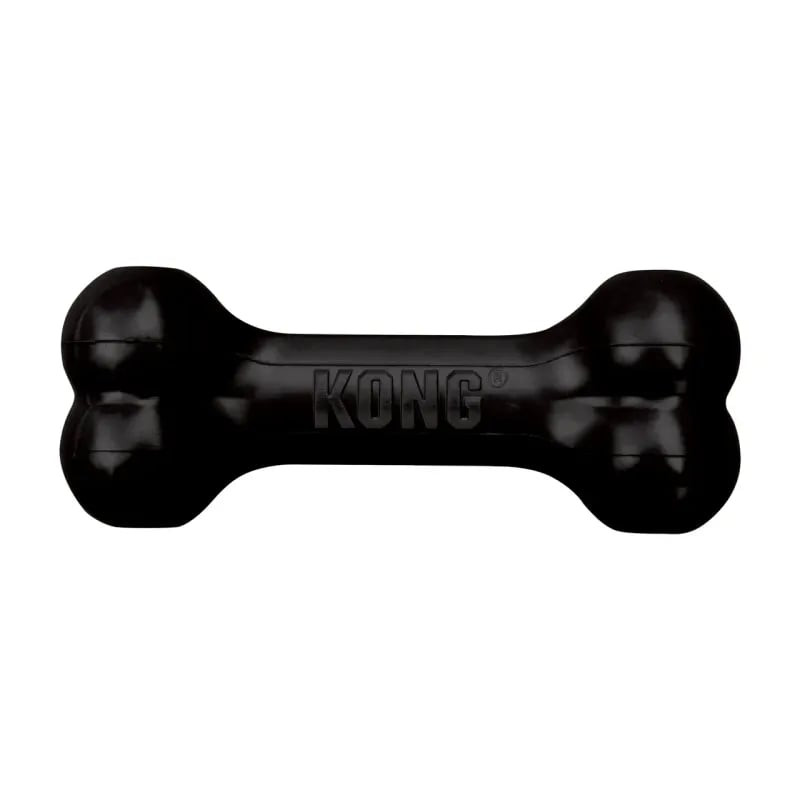Jouet os KONG Goodie Bone Large Extreme en caoutchouc noir, vue avant montrant forme d’os durable av