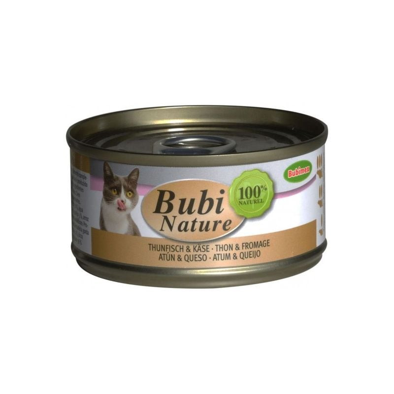 Gros plan sur la boîte Bubimex Bubinature Thon et Fromage 70g pour chat, montrant l'étiquette détail