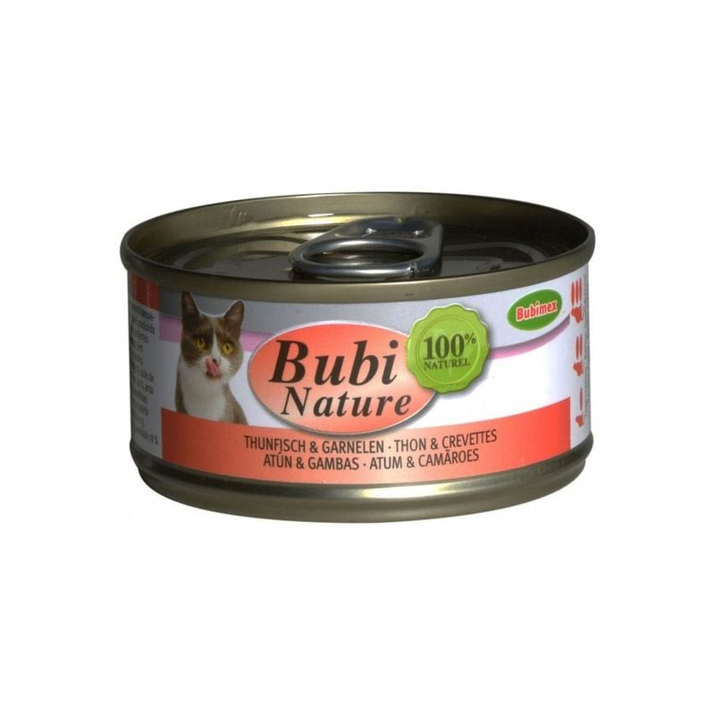 Bubimex Bubinature pâtée premium pour chat thon crevettes en boîte 70g ouverte, étiquette avec image