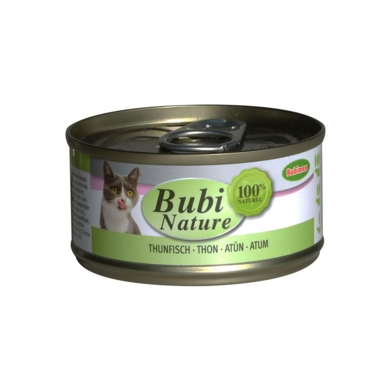 Gros plan sur le dessus de la boîte Bubimex Bubinature thon pour chat, couvercle ouvert, détails éti