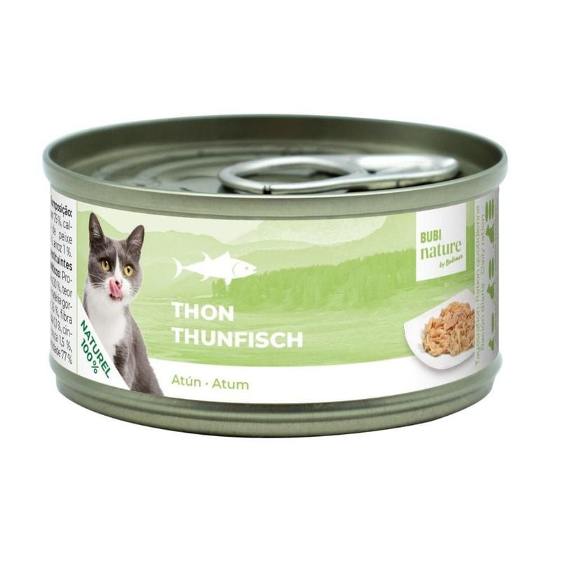 Boîte Bubimex Bubinature pâtée thon pour chat, étiquette avant avec chat gris et blanc lèche-babines