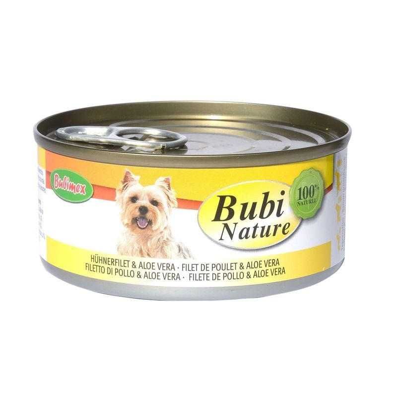 Boîte Bubimex Bubi Nature 150g étiquette jaune pâtée poulet filet et aloe vera pour chien, avec imag