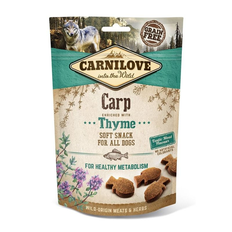 Emballage friandises Carnilove Carpe & Thym semi-humides : loup en montagne, sans céréales, illustra