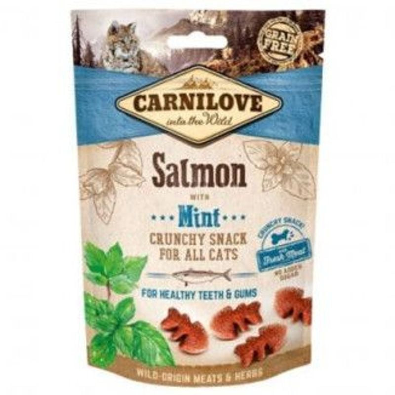 Emballage friandises croustillantes Carnilove Saumon Menthe pour chats, viandes et herbes sauvages, 