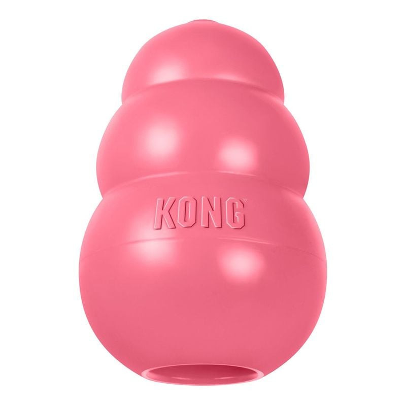 Jouet KONG Puppy S rose, vue de face montrant la forme classique à triple bulle et logo KONG sur fon
