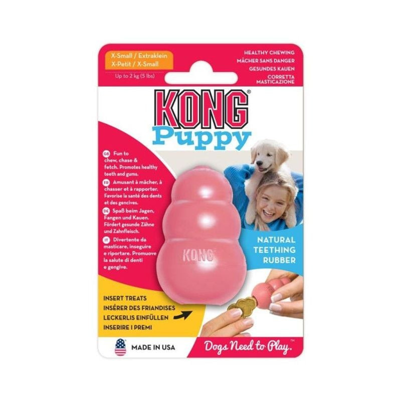 Jouet KONG Puppy XS rose pour dentition en emballage multilingue avec chiot, fille et démo insertion