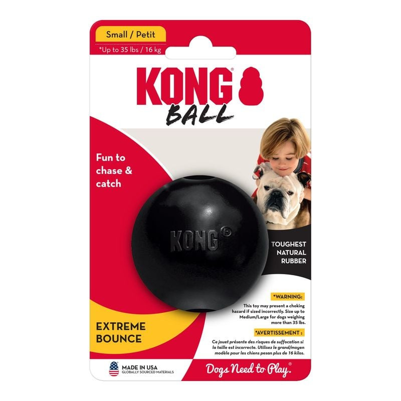 Vue de côté de la balle KONG Extreme S noire pour chien avec logo KONG en relief, mettant en valeur 