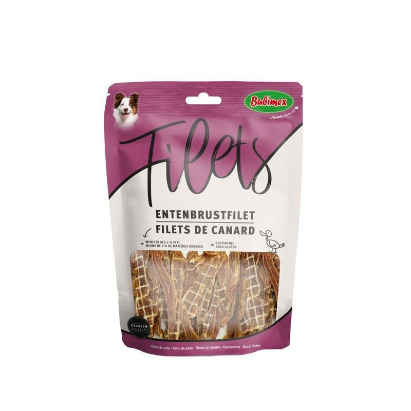Bubimex 1143322 sachet 300g de filets de canard croustillants pour chiens, montrant fines lamelles d