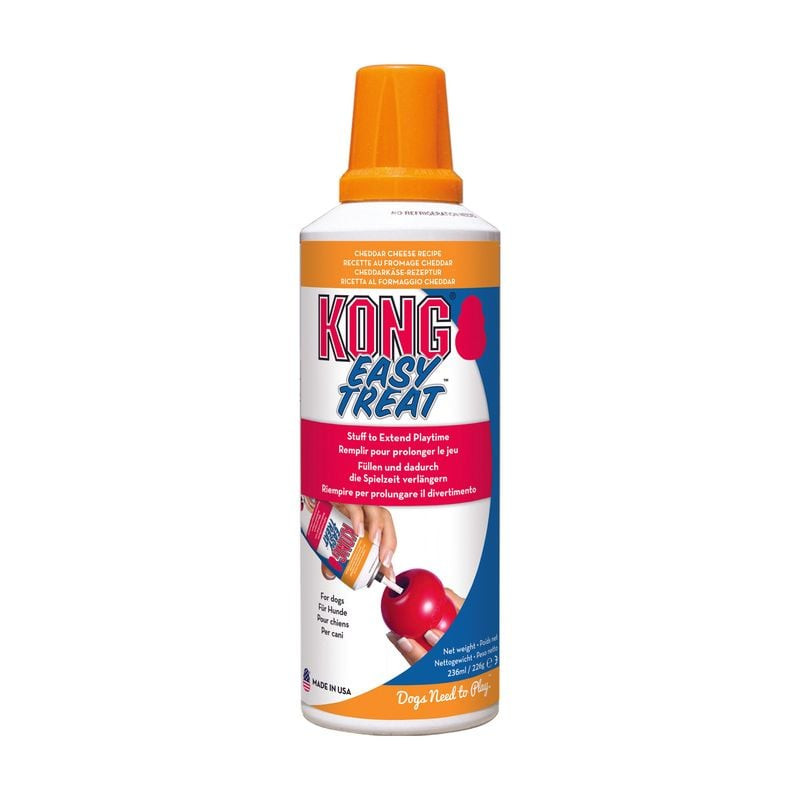 Tube de pâte KONG Easy Treat au cheddar avec bouchon orange, étiquettes multilingues indiquant saveu