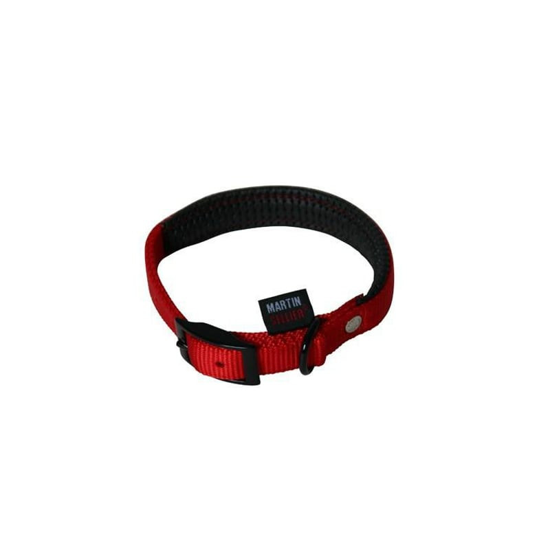 Gros plan sur collier chien Martin Sellier 1143260 rouge : nylon tressé rouge, doublure mousse noire