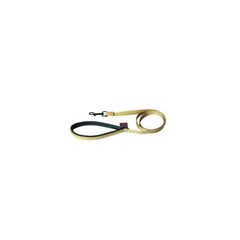 Gros plan sur la laisse Nylon Confort Martin Sellier 1143241 beige taille S, enroulée pour mettre en