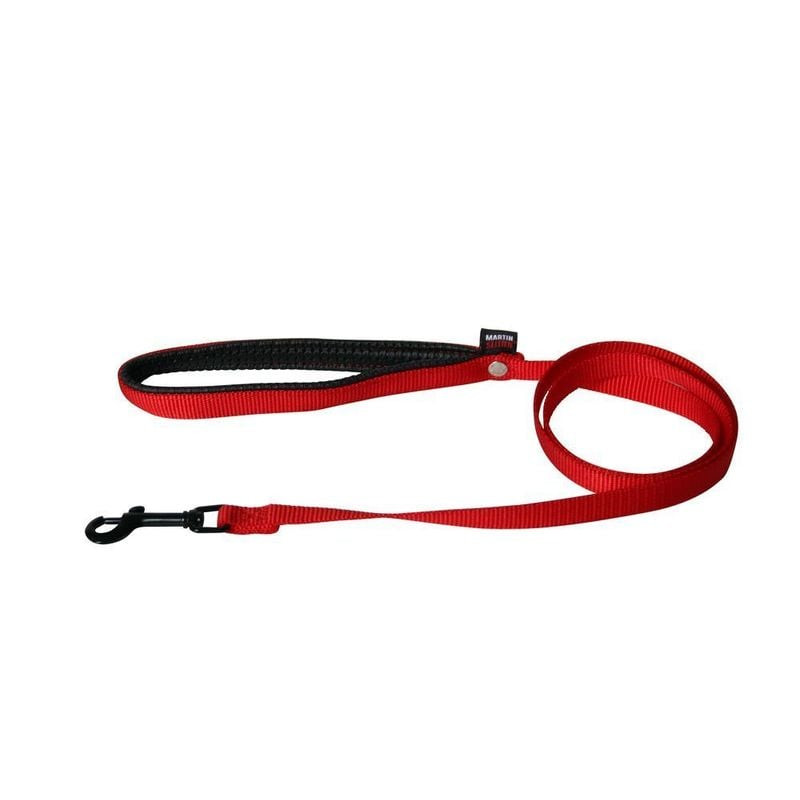 Laisse nylon rouge Martin Sellier 1143239 avec poignée ergonomique rembourrée mousse noire, clip mét