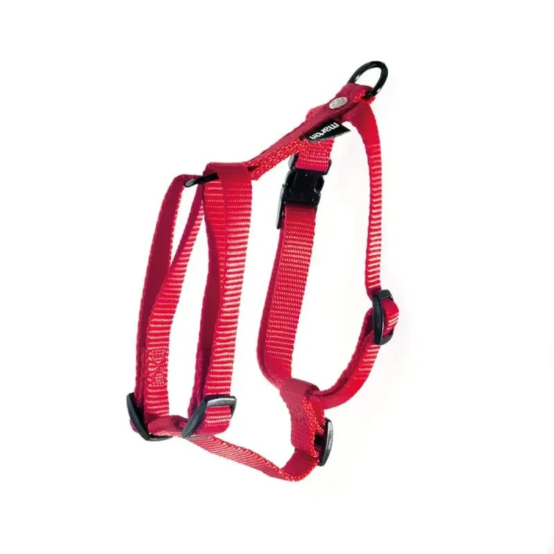 Harnais nylon réglable Martin Sellier rouge XS pour chien, vue avant montrant sangles, boucles et an