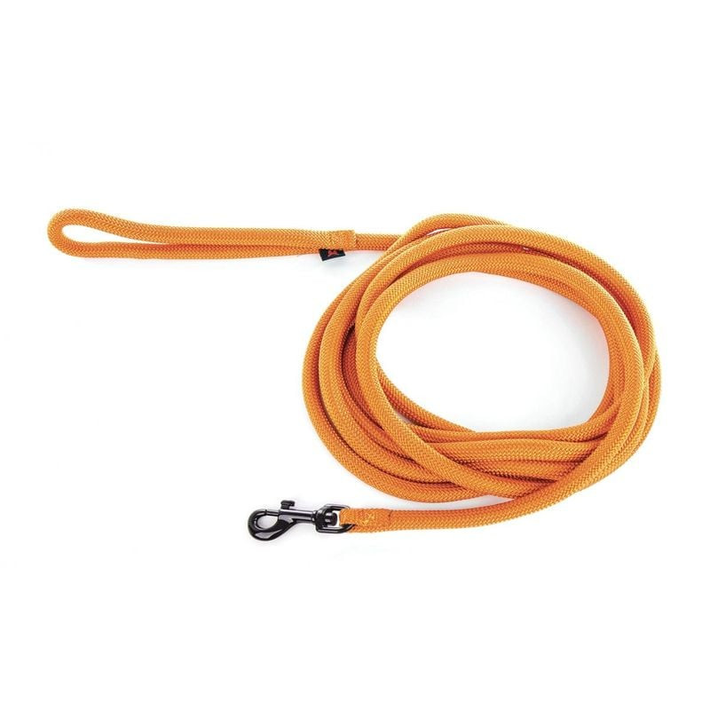 Laisse nylon rond Martin Sellier 2m orange enroulée avec mousqueton chromé noir.
