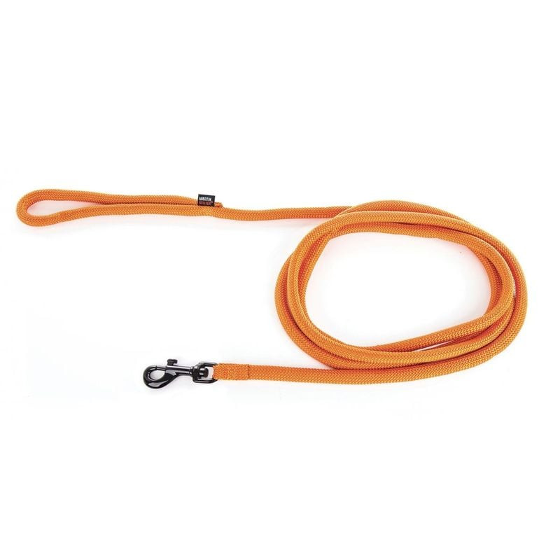 Laisse nylon ronde orange Martin Sellier 2m déroulée avec mousqueton chromé noir.