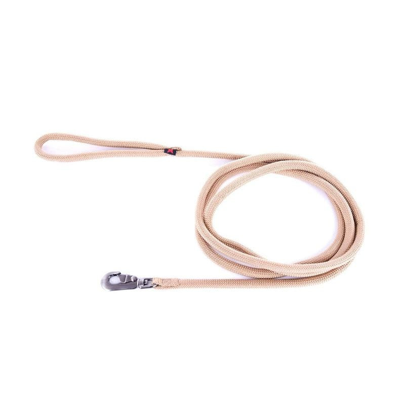 Laisse nylon ronde Martin Sellier beige, 2m, enroulée sur fond blanc montrant corde tressée, boucle 