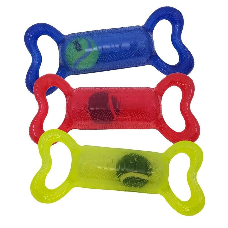 Gros plan sur la poignée bleue et la section centrale du jouet KONG Jumbler Tug montrant surface tex
