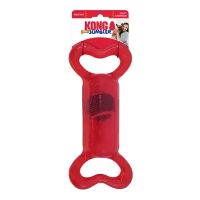 Trois jouets KONG Jumbler Tug empilés : variantes bleu, rouge et jaune avec balles de tennis interne
