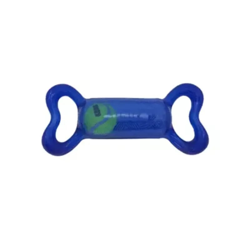 Jouet pour chien KONG Jumbler Tug rouge sur carte emballage retail avec image femme et chien, taille
