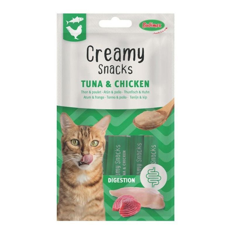 Bubimex Friandises Crémeuses Thon & Poulet packshot avec chat tigré orange léchant crème à la cuillè