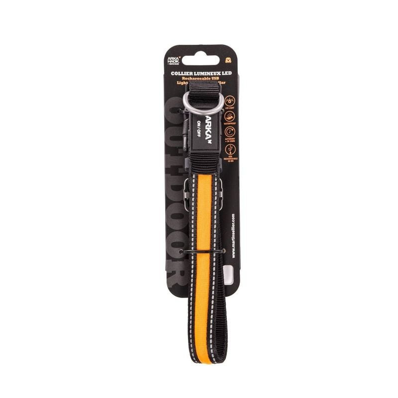 Emballage collier LED pour chien Martin Sellier Arka Haok, orange avec bande réfléchissante.