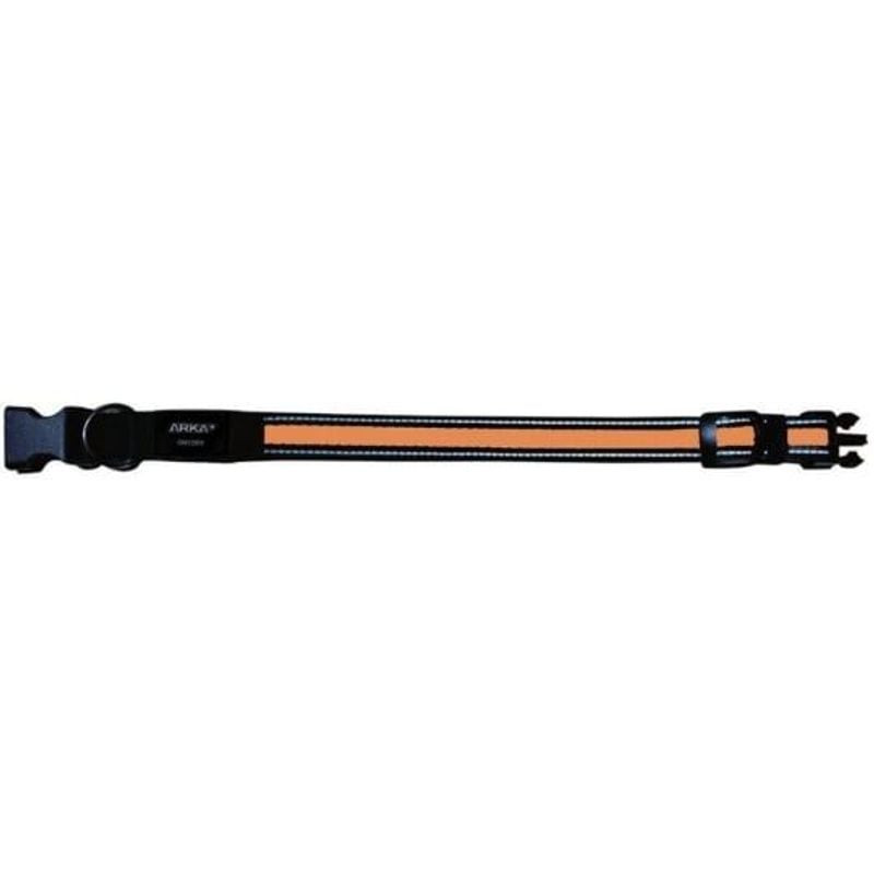 Collier lumineux USB Martin Sellier orange avec bande réfléchissante, déballé.