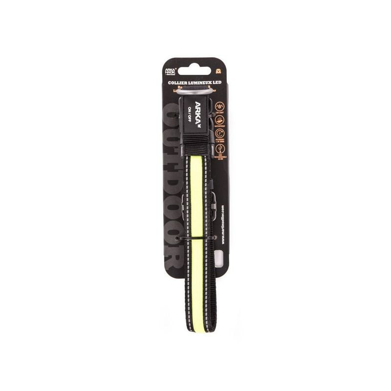 Collier lumineux LED jaune Martin Sellier sur carte d'emballage, sangle nylon noir et jaune avec ban