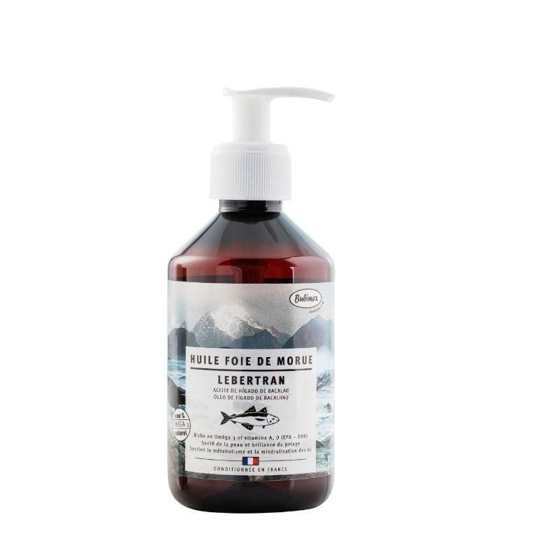 Bubimex 1143492 Huile de foie de morue pour chiens et chats en flacon ambré 250 ml avec pompe, étiqu