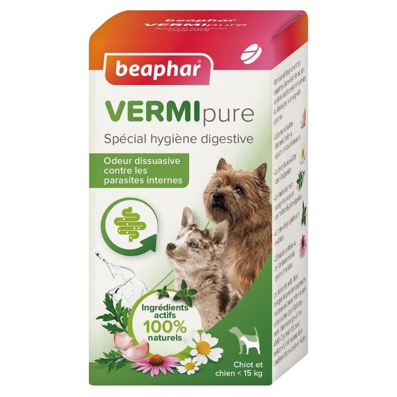 Boîte Beaphar Vermipure vermifuge naturel pour chiots et petits chiens, vue avant avec images chiot,
