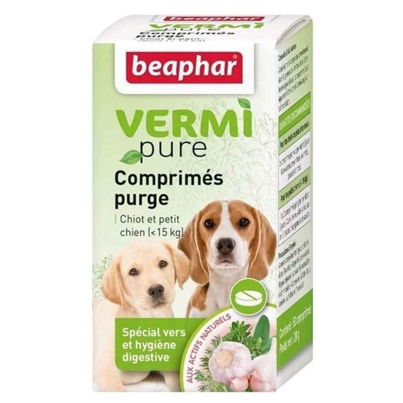 Vue de côté de l'emballage Beaphar Vermipure vermifuge pour chiots et petits chiens, ingrédients nat