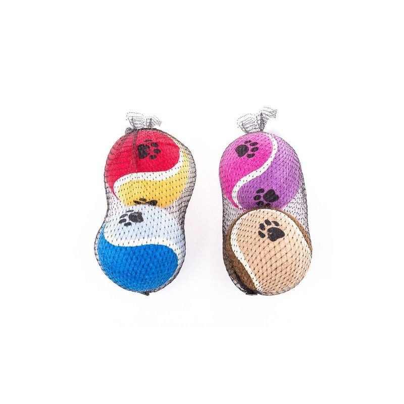 Martin Sellier 1143371 jouet chien packshot montrant quatre balles tennis colorées dans filet maillé