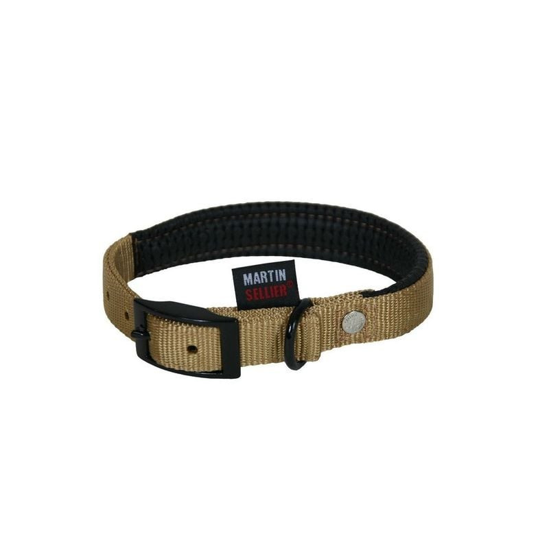 Vue de côté du collier beige Martin Sellier 1143253 montrant la doublure texturée noire, sangle nylo