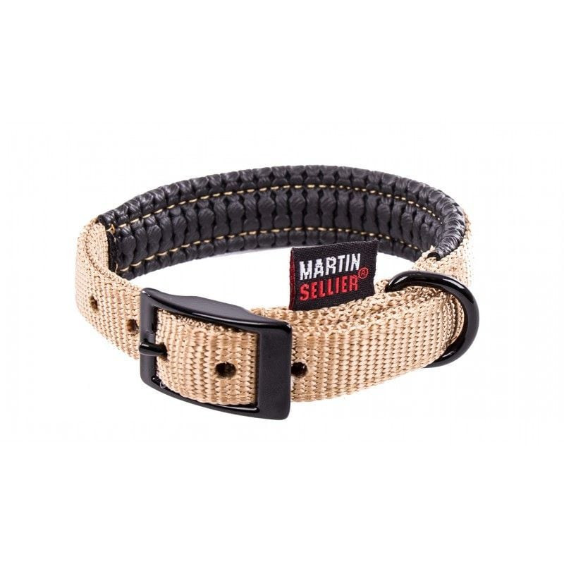 Collier Confort Martin Sellier beige, vue de face montrant doublure noire rembourrée, boucle métalli