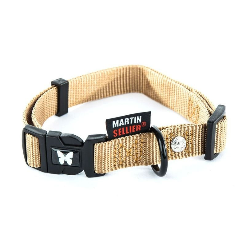 Collier nylon beige réglable Martin Sellier 20-40/55 cm pour chien, vue complète avec boucle plastiq